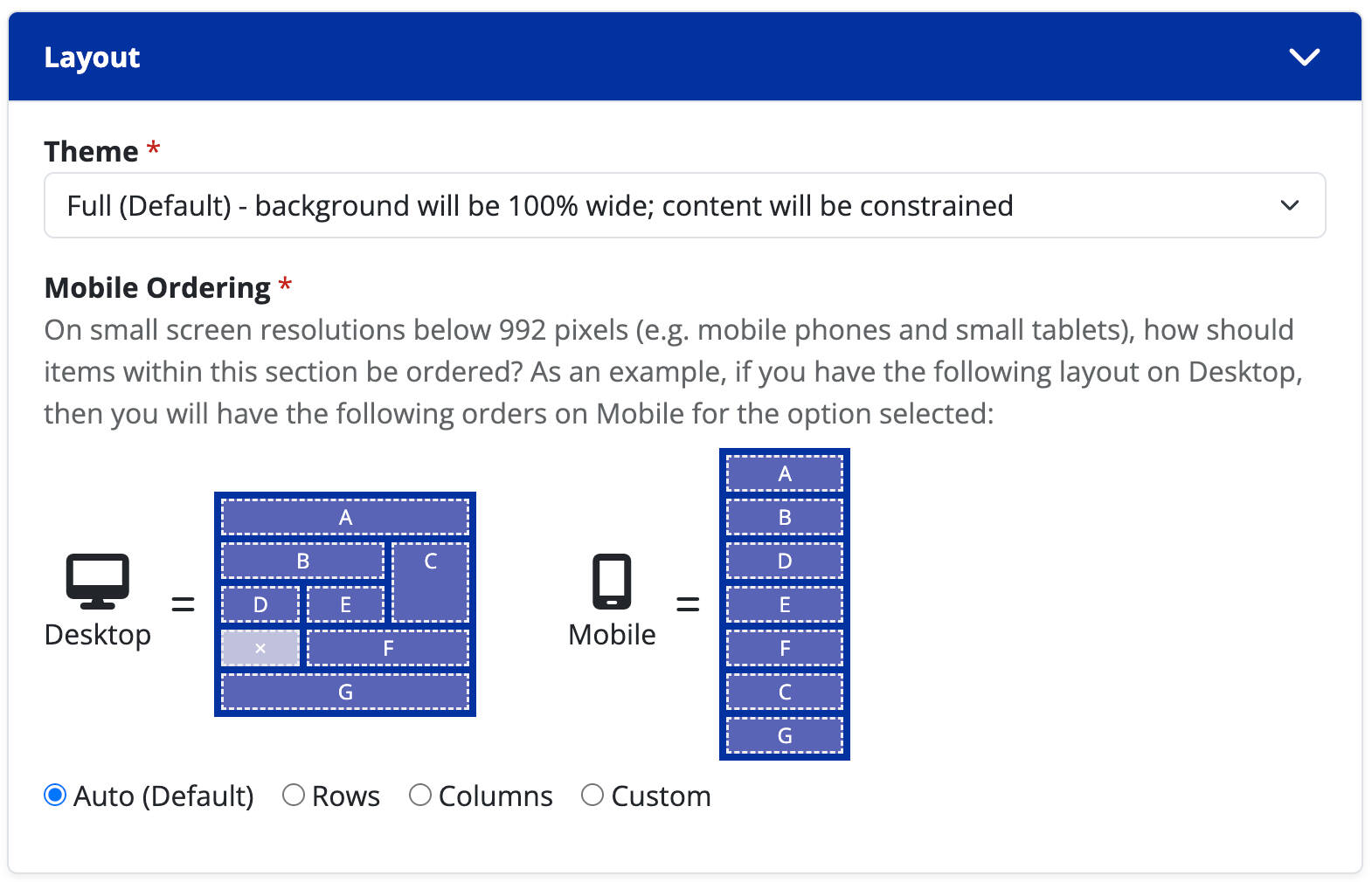 Screenshot of the node editor's "layout" section